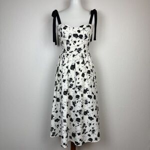 SHEIN Black and White Floral Bustier Midi Dress with Tie Shoulder Straps